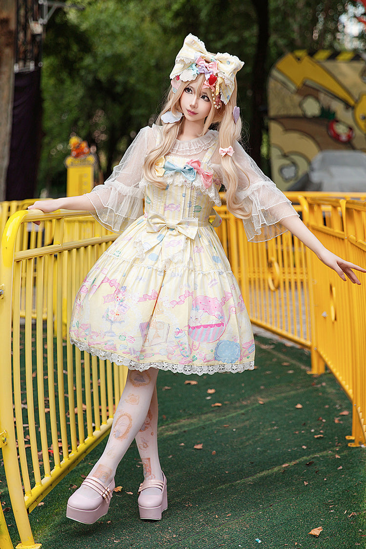 Yellow Sleeveless Sweet Lolita JSK Dress Square Collar Bow Print - Macarons Dolly House