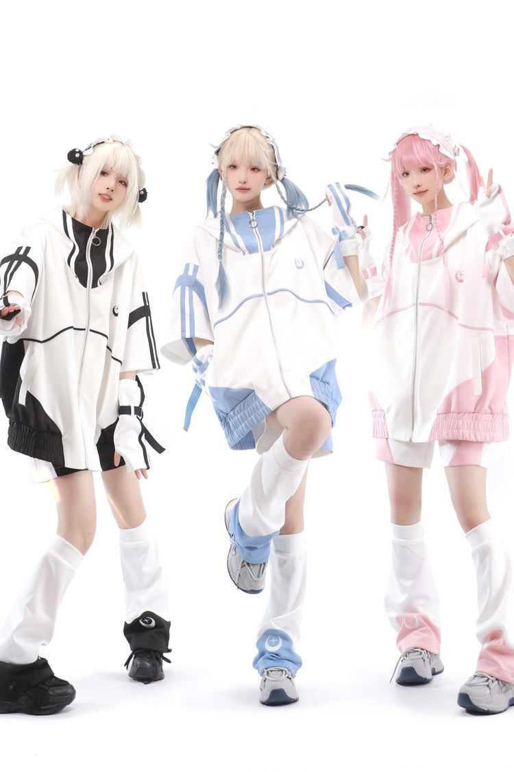 Monochrome Starry Half-Sleeve Jirai Kei Overcoat - Noir