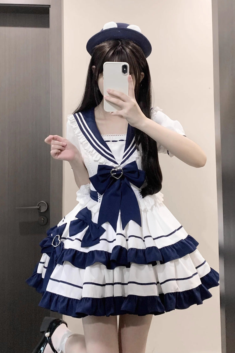 Dark Blue Double Layer Ruffled Sweet Lolita Dress - Short Sleeved Lace