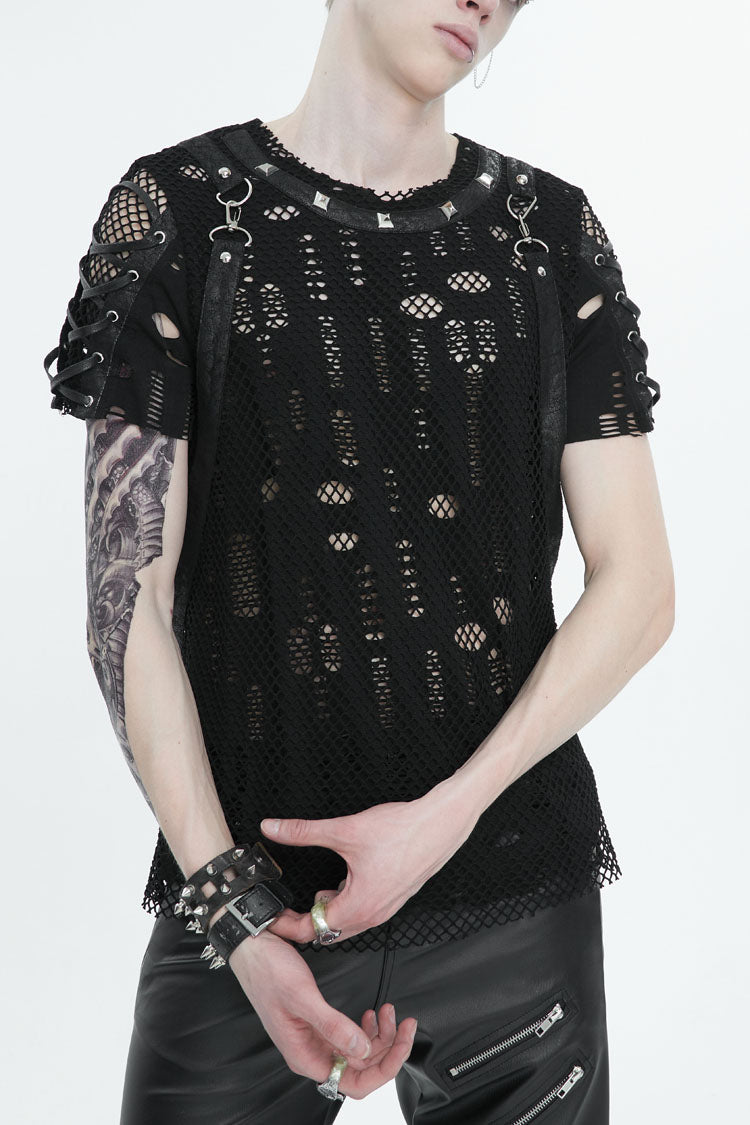 Punk T-Shirt for Men with Half Hollow Shoulder Tie Accent