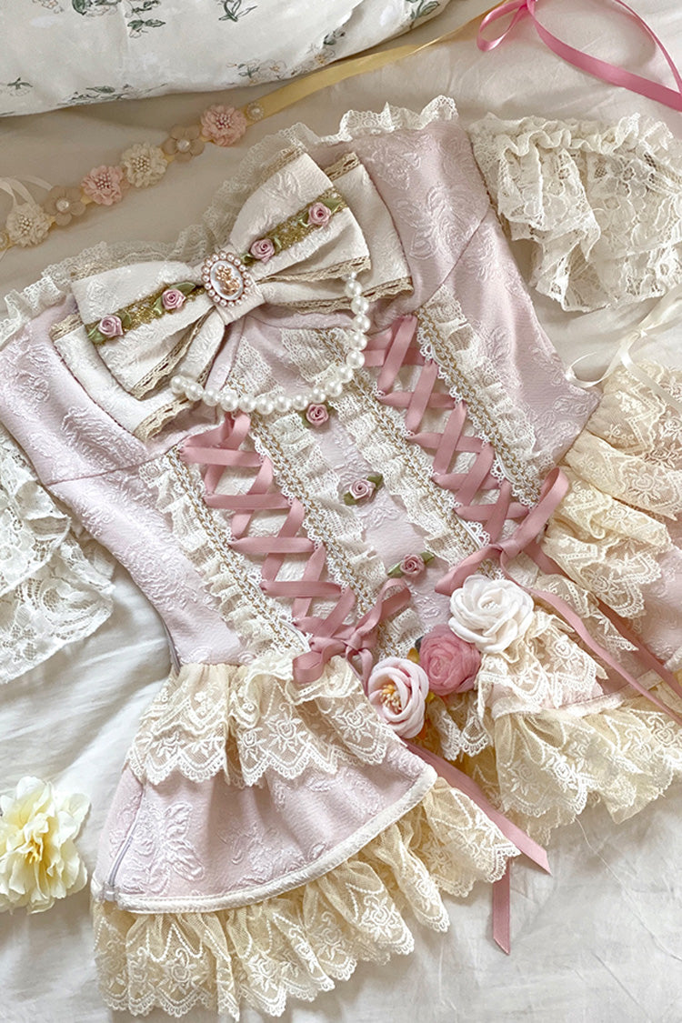 Pink Triple-Layered Ruffled Bow Lace Gorgeous Sweet Lolita Skirt