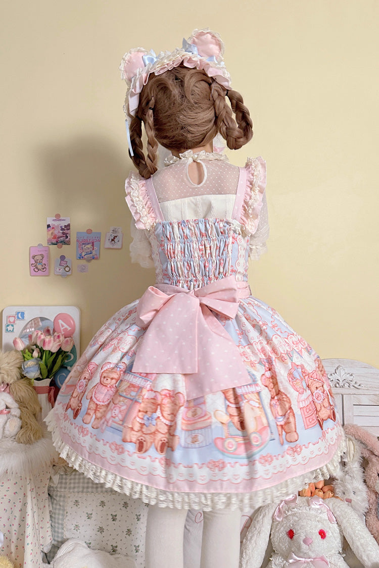 Bear Anniversary Celebration Sleeveless Printed Ruffled Bow Sweet Lolita Tank Dress Two Colors