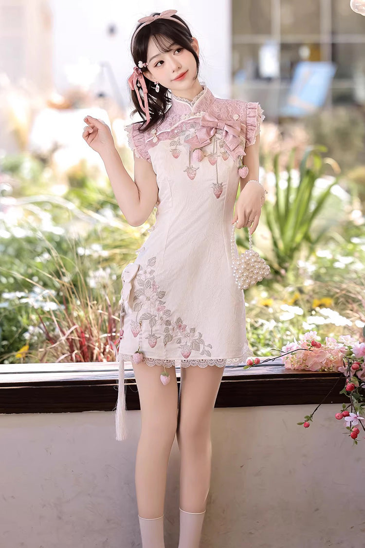 Ivory and Pink Spring Strawberry Stand Collar Ruffled Embroidered Lace Color-Blocked Chinese Sweet Lolita Cheongsam