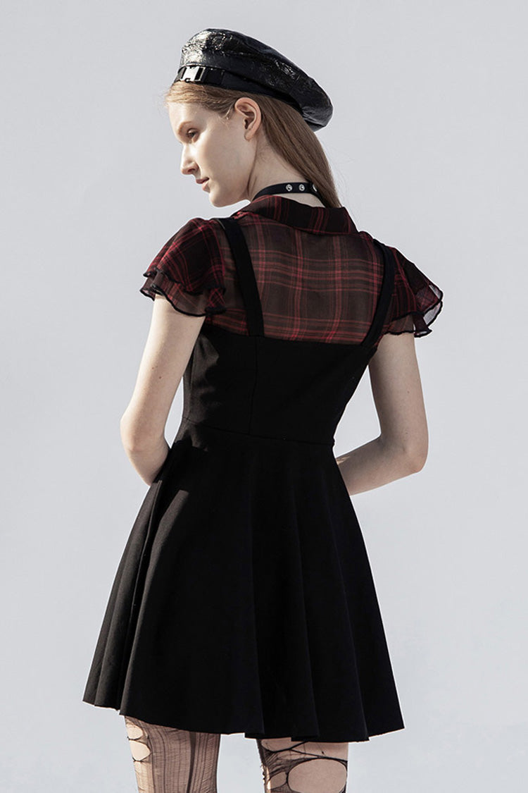 V-Neck Ruffled Short-Sleeved Check Chiffon Waisted Skull Stud Punk Dress - Black/Red