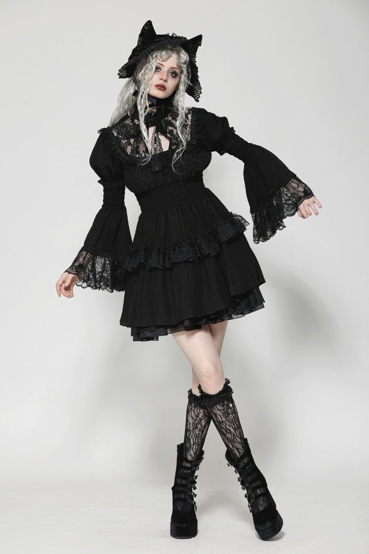 Gothic Victorian-Inspired Black Lace Ruffled High-Neck Puff-Sleeve Cutout Maxi Gown