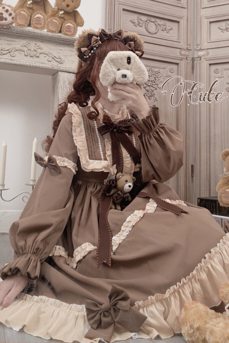 Brown Sweet Lolita OP Dress with Teddy Bear Print and Round Collar - Altfashion Shop