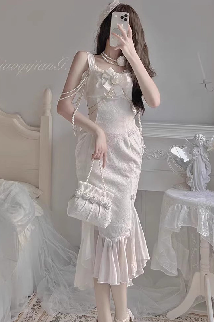 Camellia 1.0 White Sleeveless Jacquard Lace Sweet Fishtail JSK Dress