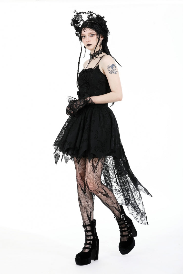 Sleeveless Rose Lace Lace-Up Gothic High Low Dovetail Slip Wedding Dress