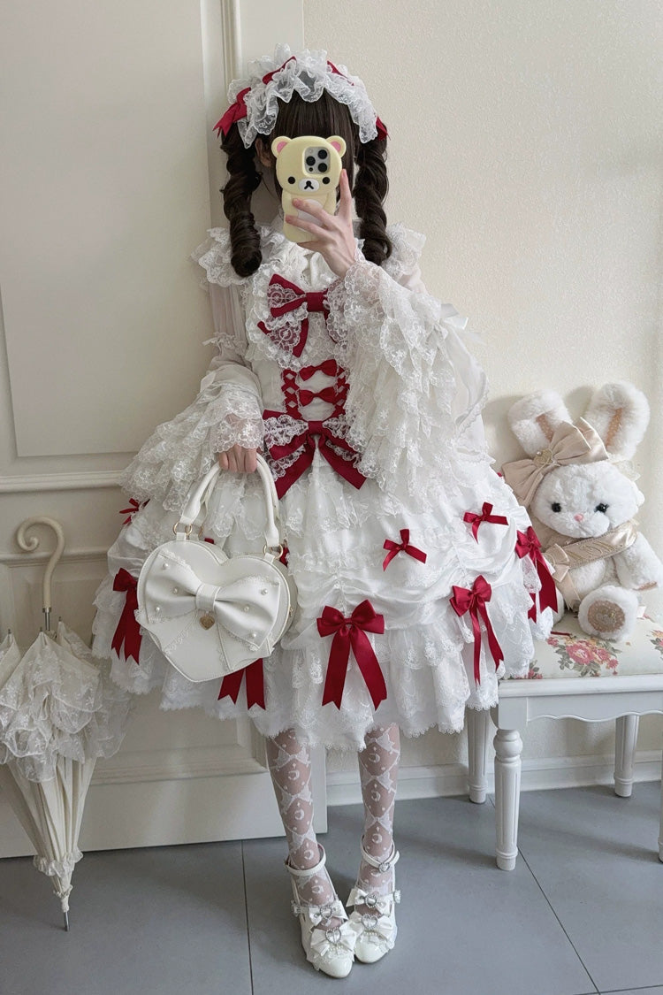 Ivory and Red Silk Gift Box Square Neck Sleeveless Layered Ruffled Bow Lace Sweet Lolita JSK