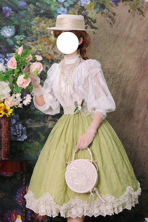 Green Tulip Multi-Layer Ruffled Classic Lolita Skirt Dress - Altfashion Shop