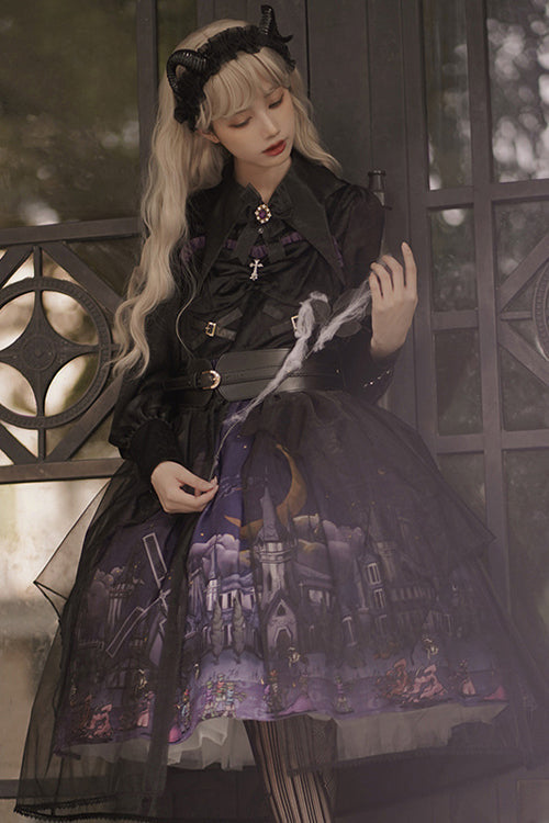 Ebony JSK Dress - Witch Town Print Gothic with Veil