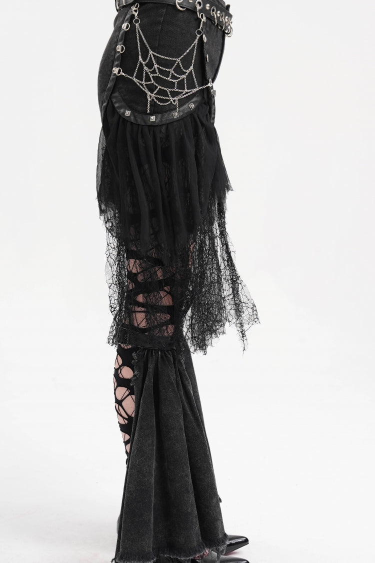 Gothic Shorts with Ripped Mesh Hem and Chain for Women