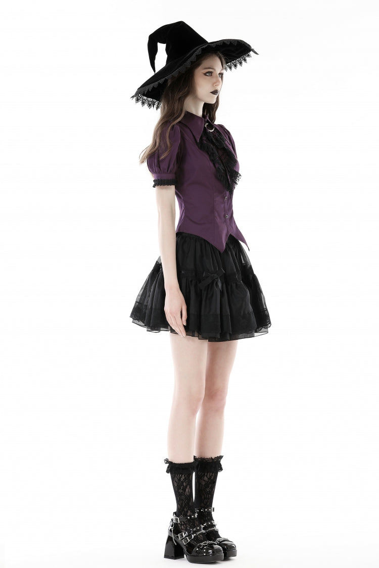 Periwinkle Moon Frill-Collar Puff-Sleeve Gothic Top
