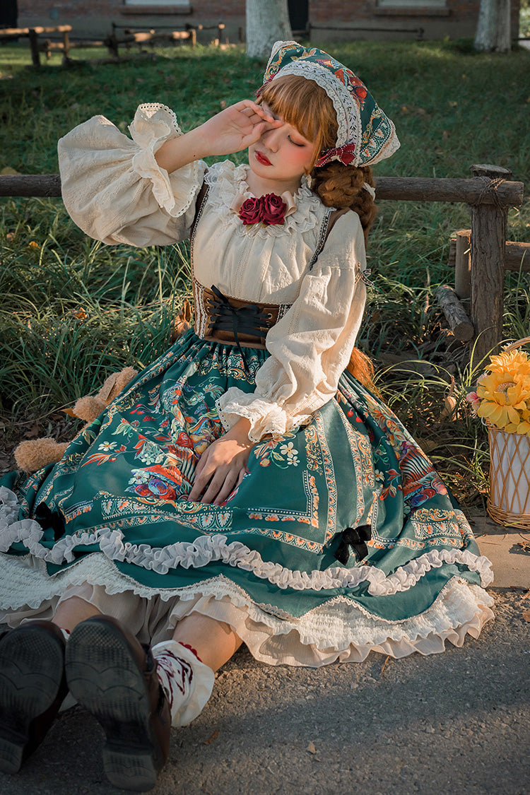 Green Velvet Classic Lolita JSK Dress with Berries and Birds Print Ruffle Bowknot