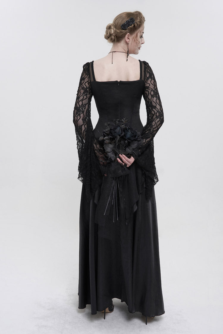 Gothic Pointed Long-Sleeve Back-Zip Satin Floor-Length Black Lace Formal Gown