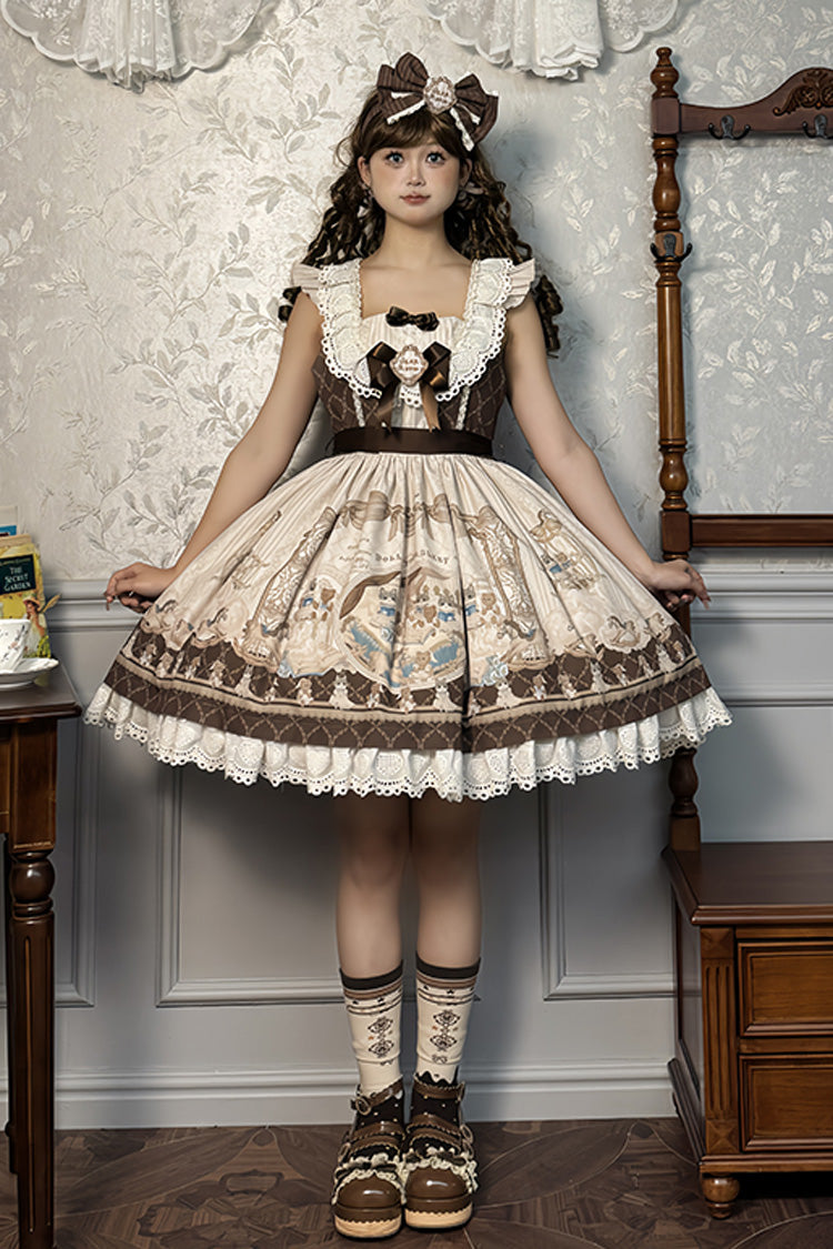 Fairy Tale Sleeveless Ruffle Bow JSK Dress with Print - Two Tones