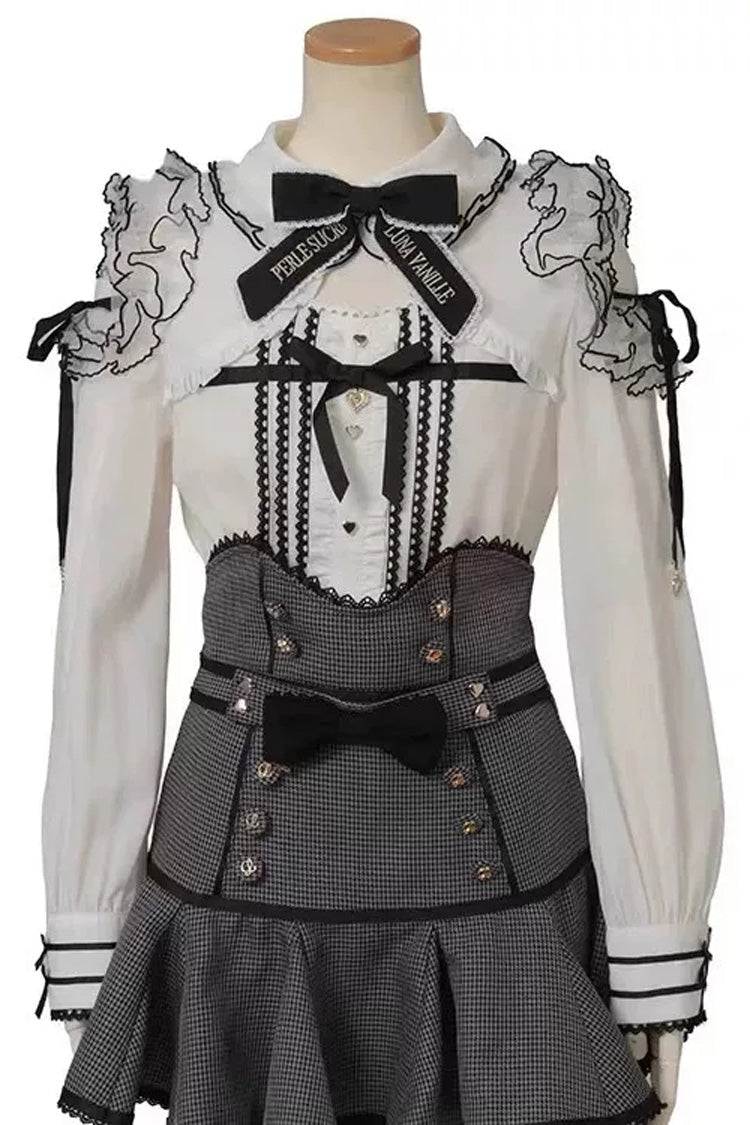 Charming Off-Shoulder Bow-Embellished Two-Piece Outfit with High-Waist Printed Skirt