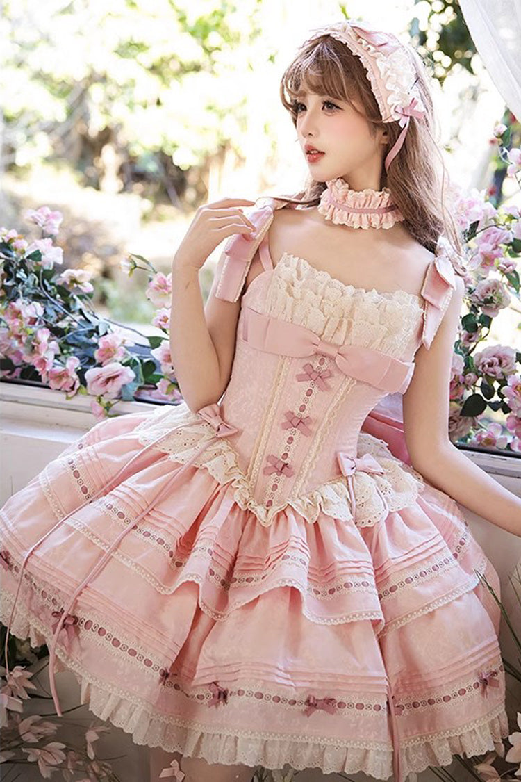 Rose Theatre Double-Layered Ruffle Bow Lace Princess Ballet JSK Dress in Pink