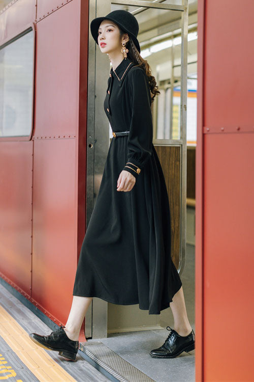 Navy Vintage Lapel Collar High-Waisted Long-Sleeve Classic Lolita Dress