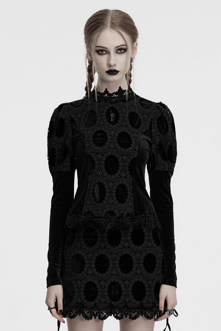 Jet-Black Gothic Blouse with Puffed Sleeves and Embroidered Print