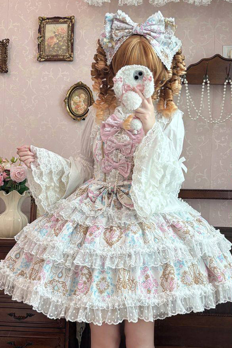 Gorgeous Apricot Sleeveless Triple-Layer Floral Ruffle Bow Lace Lolita JSK