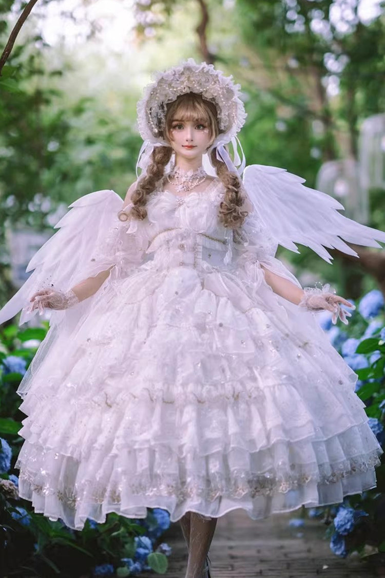 Ivory Gothic JSK with Multiple Ruffled Layers and Bow - Dreamy Waltz