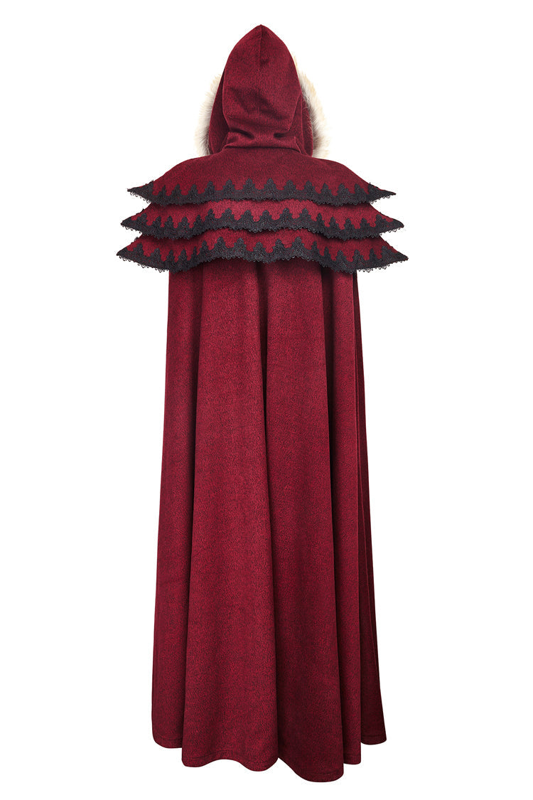 Crimson Hooded Fur-Collar Wool Gothic Cloak Coat