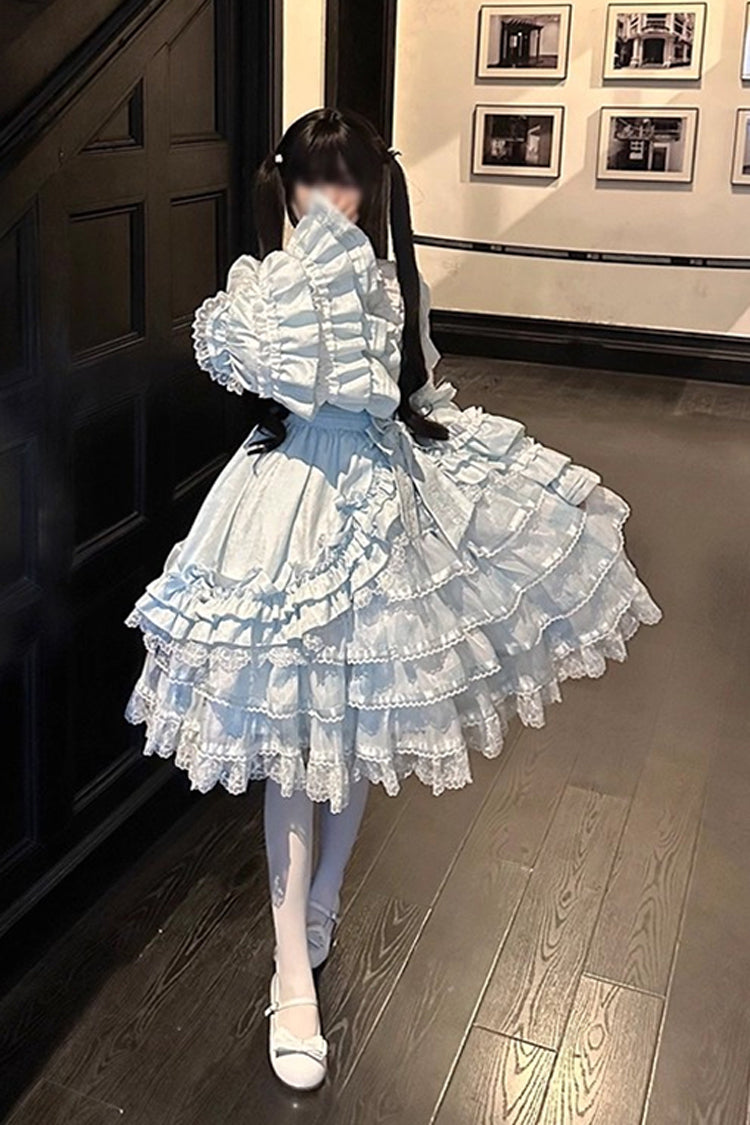 Blue Soloist Doll Long Hime Sleeve Multi-Layer Print Ruffle Bow Asymmetrical Sweet Lolita