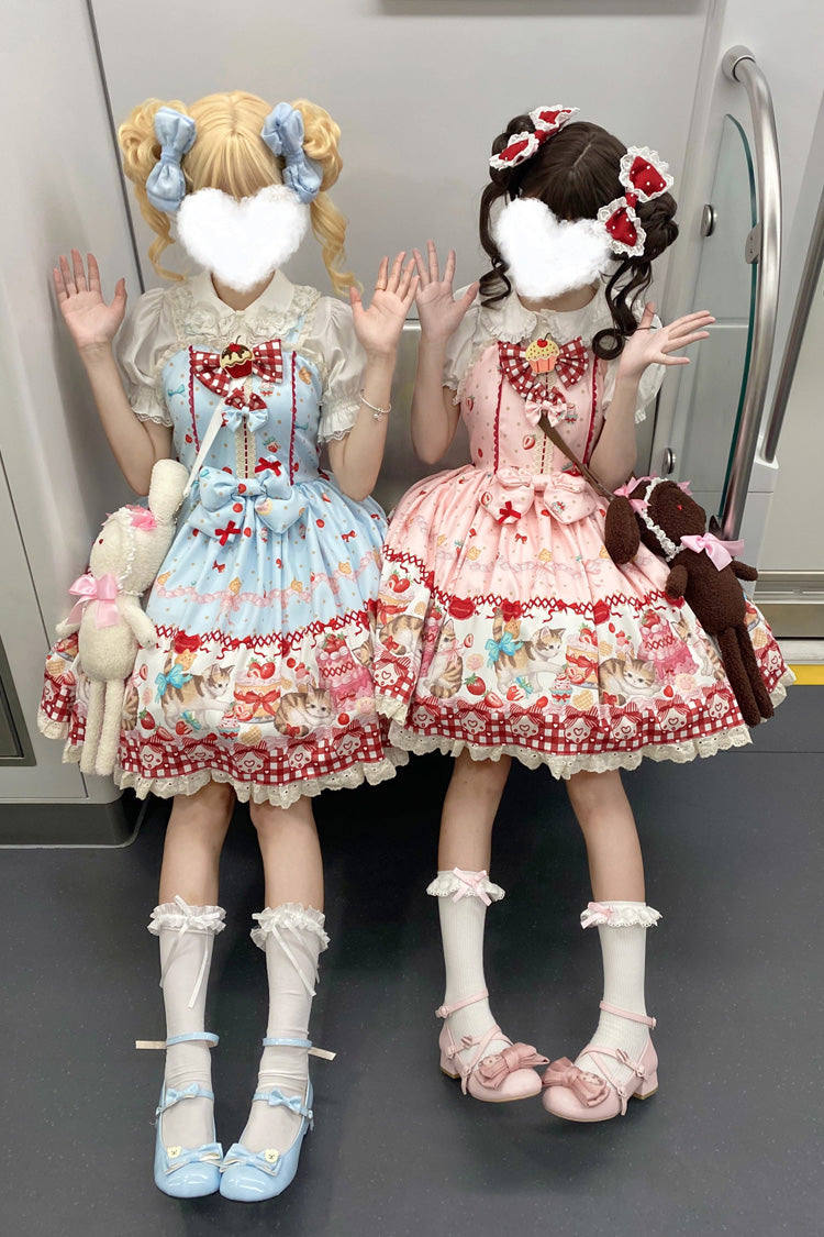 Sleeveless Bow Lace Sweet Lolita Strap Dress with Print - Strawberry Cake Kitty
