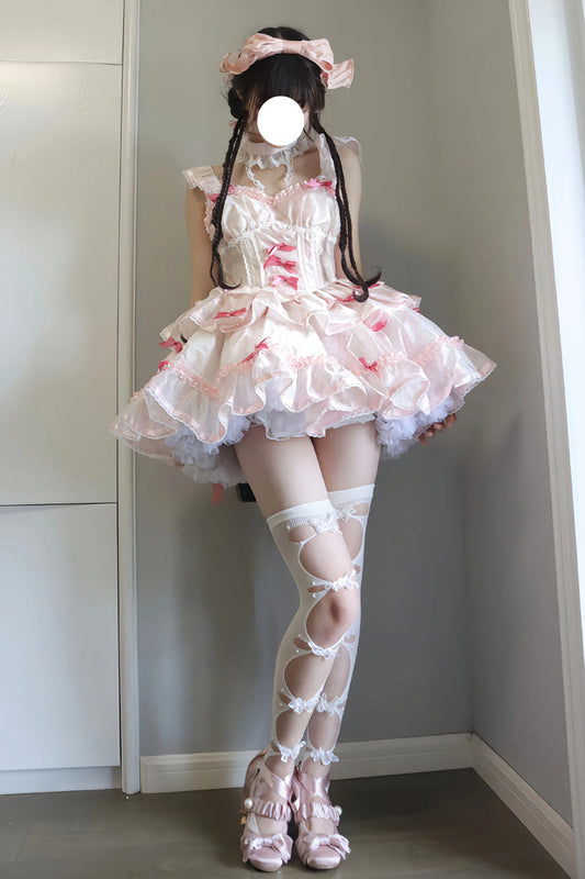 White & Pink Multi-Layer Ruffled Ballet Bow Sweet Lolita JSK Dress