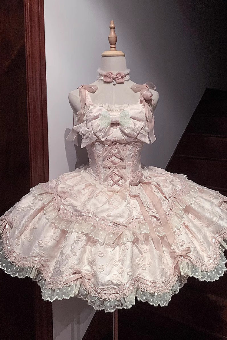 Pink Double-Layered Ruffled Embroidered Bow Lace Sweet JSK - Floral Overture