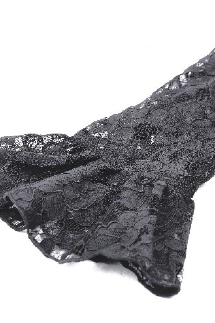 Jet-Black Gothic Evening Dress with Cutout Lace and Velvet Corset