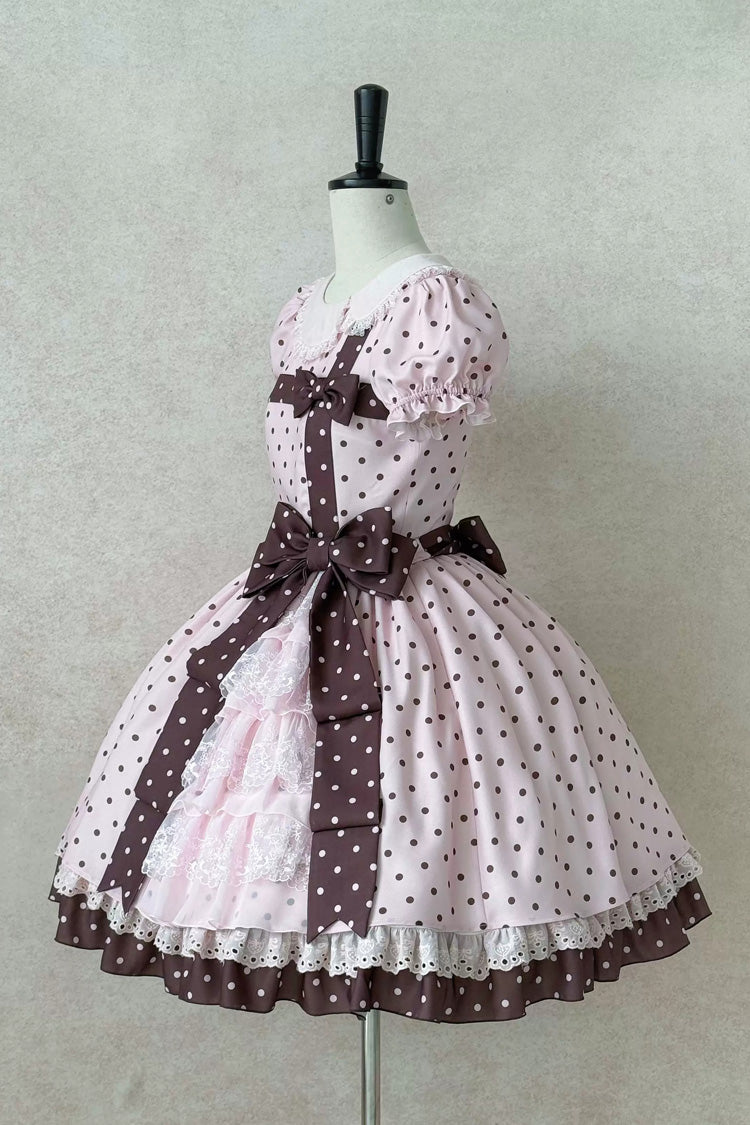 Canelé Gift Box Round Collar Short Sleeves Double-Layered Printed Polka Dot Ruffled Open-Front Bow Asymmetric Sweet Lolita Dress V2 - Pink
