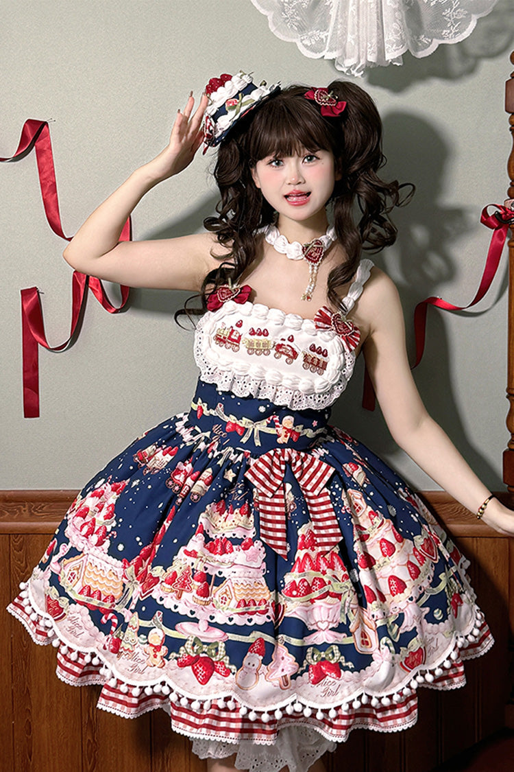 Mint Strawberry Dessert Printed Natural Waist Sweet Lolita JSK Dress - Ruffled