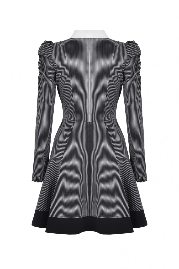 Lapel Collar Long Puff Sleeves Striped Preppy Gothic Dress