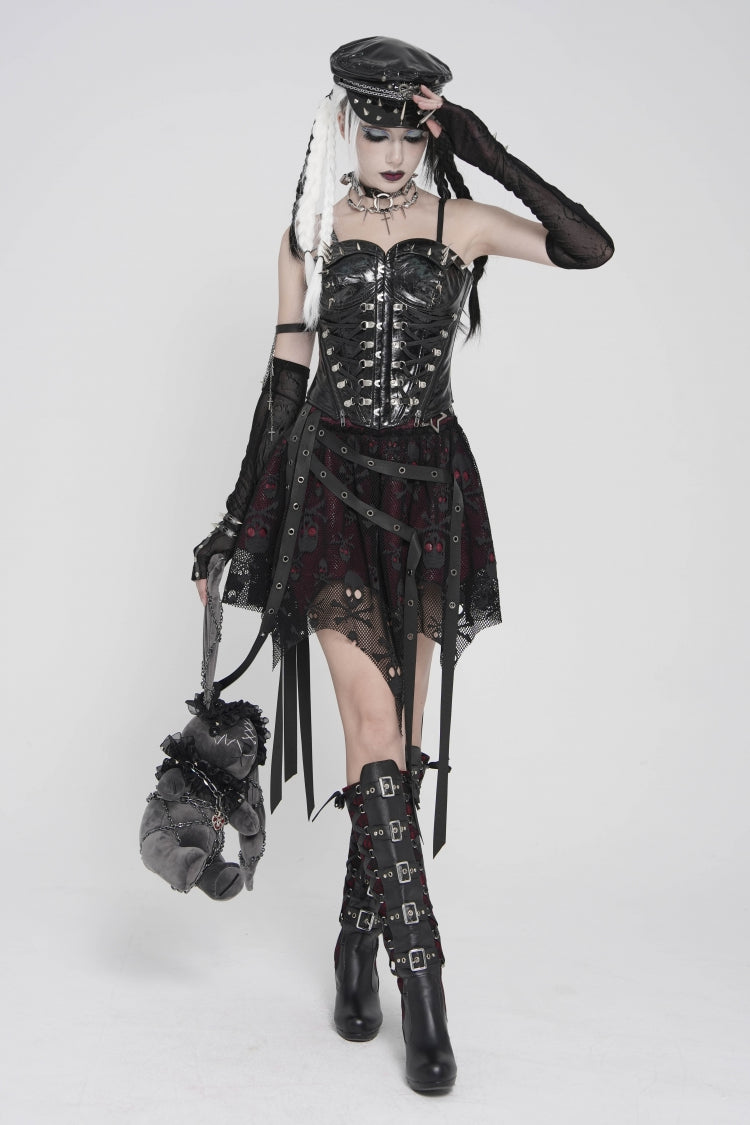 Noir & Scarlet Mesh Eyelet Laced Punk Skirt with Asymmetric Hem
