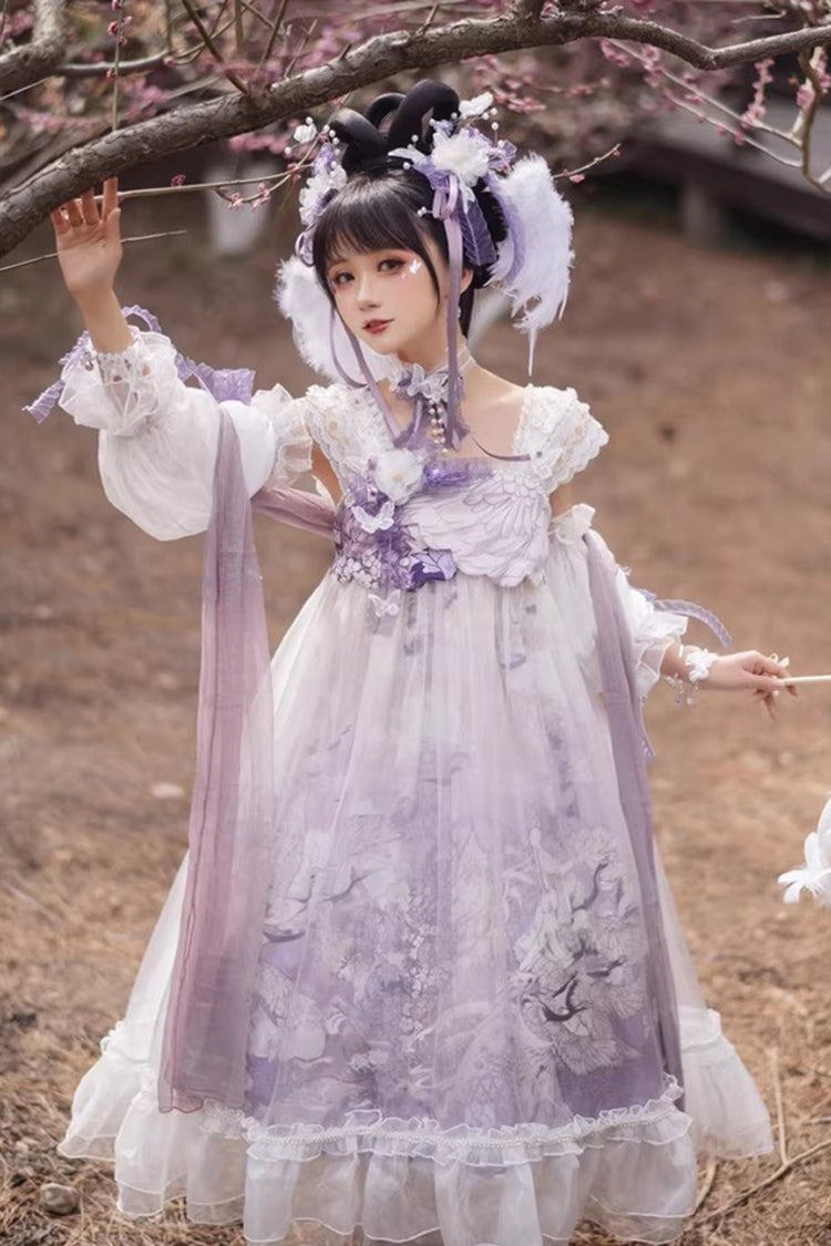 Ivory and Purple Square Neck High-Waist Printed Ruffled Lace Pearl-Trimmed Sweet Chinese Lolita JSK