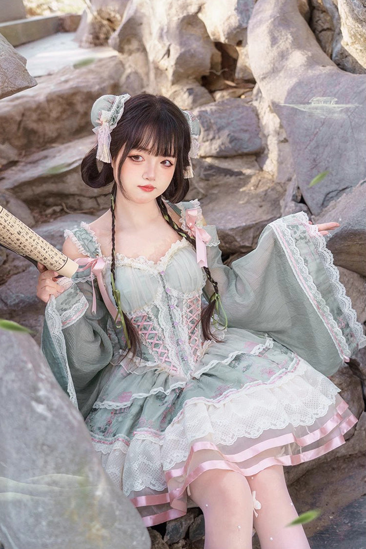 Green Multi-Layer Printed Elegant Lolita JSK Dress - Bowknot Ruffled