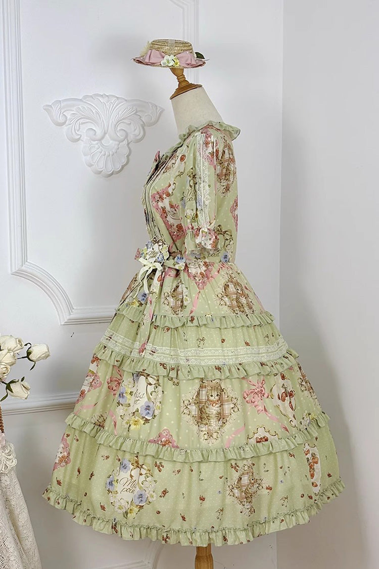Green Short Sleeve Print Ruffle Cardigan Daily Sweet Dress