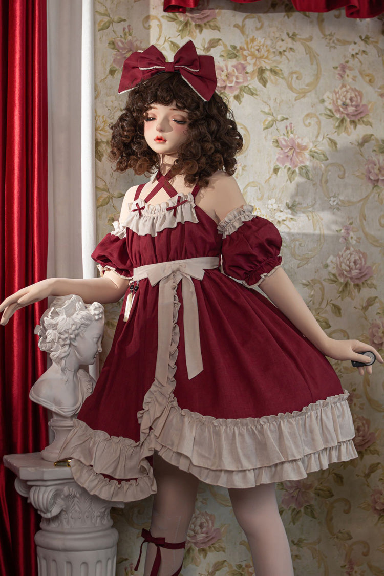 Sleeveless High Waist Ruffle Bow Asymmetric Gothic Lolita Jumper Dress - Red