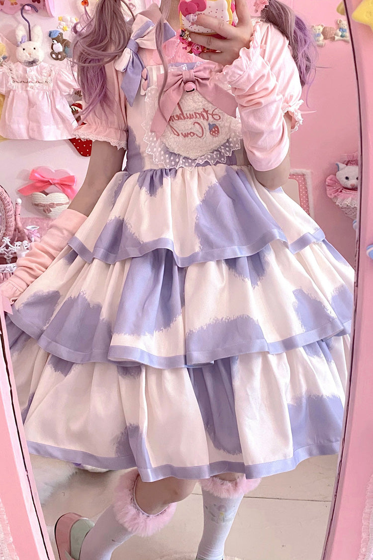 Azure Cow-Print Bowknot Sweet JSK with Triple Ruffles