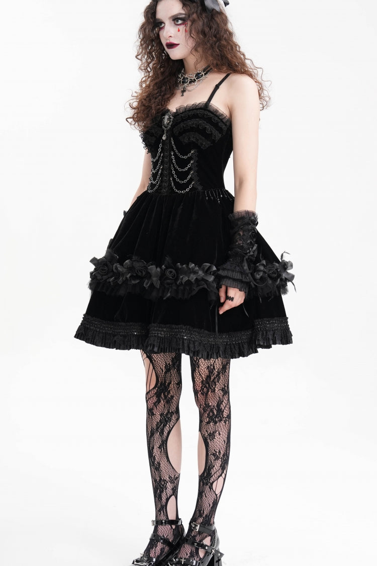 Gothic Slip Dress with Ruffle Lace and Chain for Women