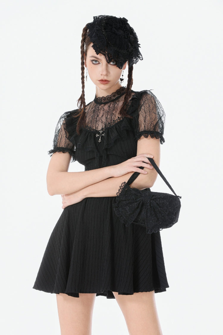 Cross Ruffled Short Sleeve Gothic Graduation Dress for Women Lace