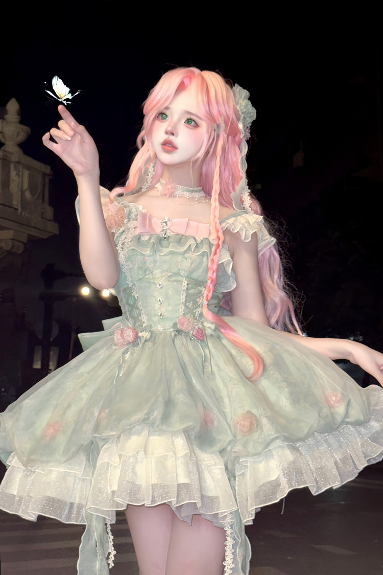 Emerald Flower Fairy Forest Garden Print Frill Bow Lace Gown