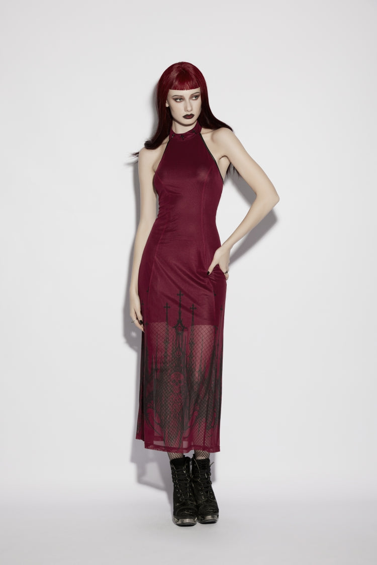 Red Halterneck Sleeveless Double-Layer Church Skull Printed Lace-Up Slim Gothic Dress