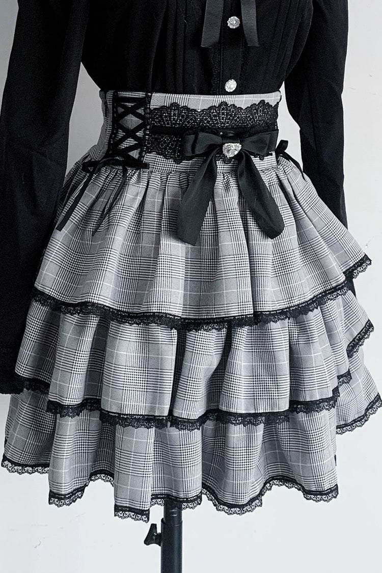 Doll Collar Triple Layered Ruffled Bow Lace Jirai Skirt and Blouse Set in Two Colors