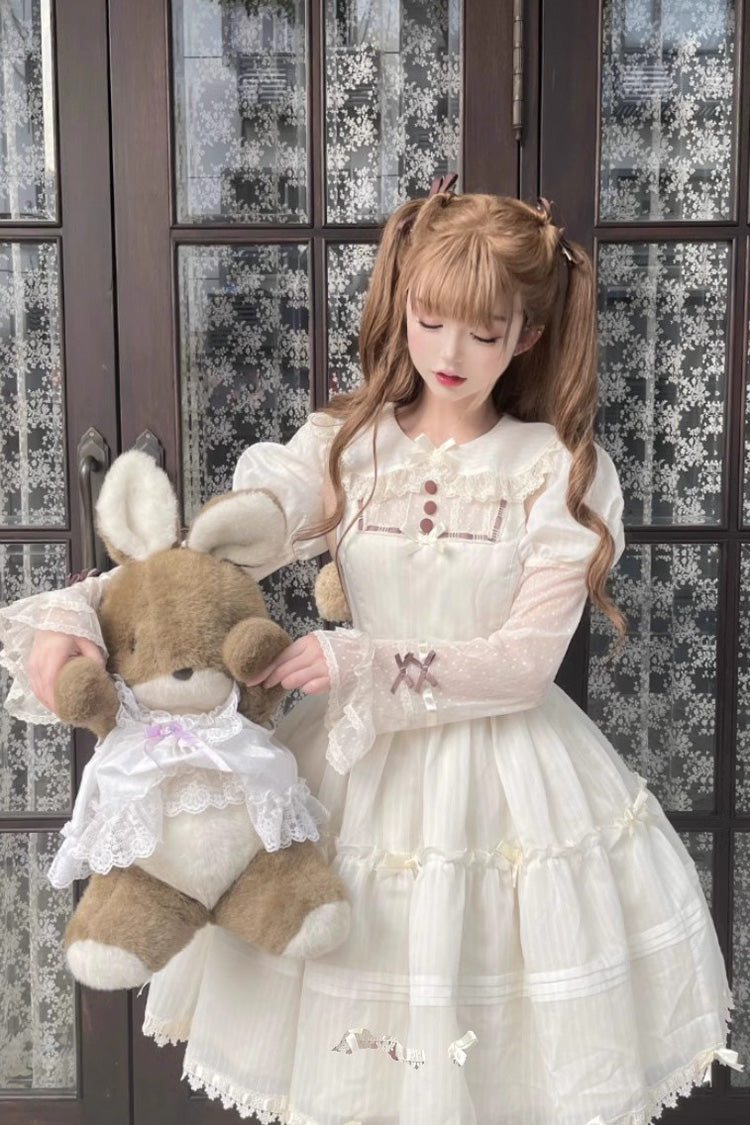 White Lapel Collar Long Sleeve Hollow Sweet Princess Lolita Dress