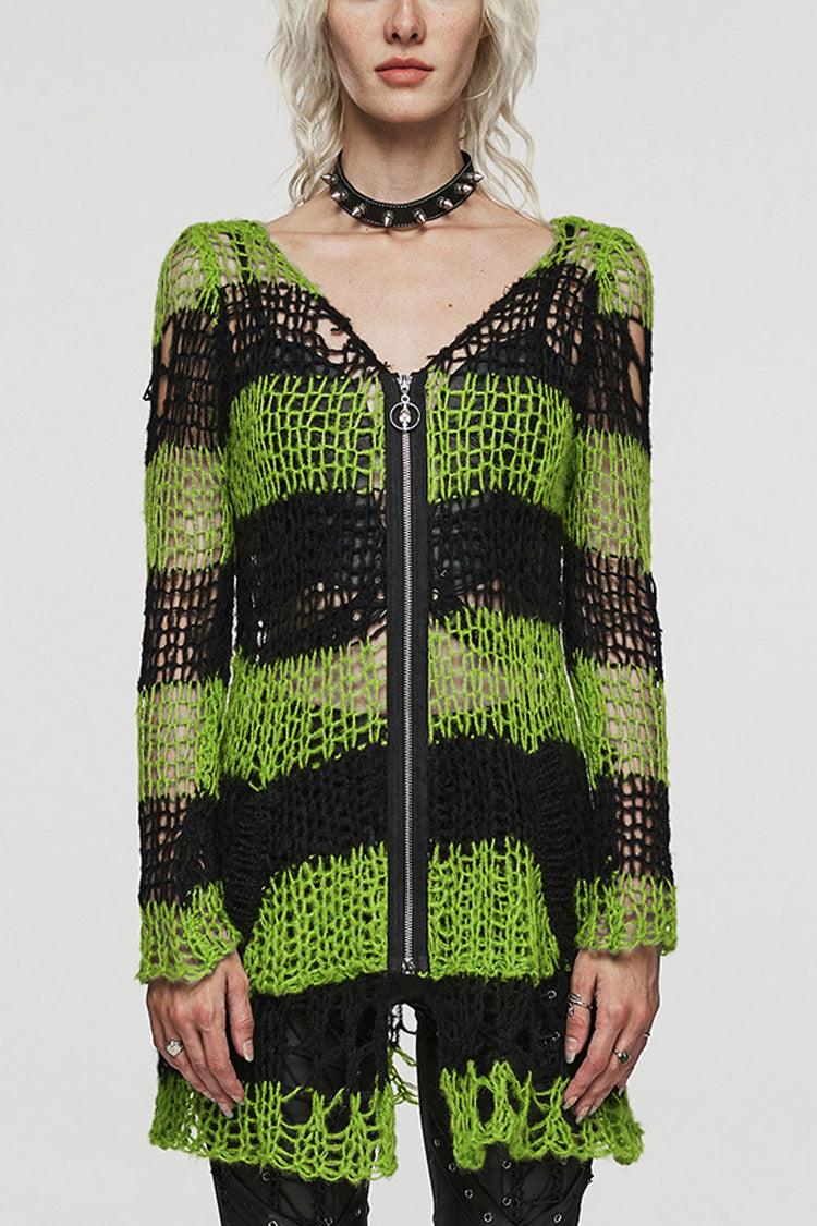 Irregular Ripped Striped Sweater with Zipper Accents