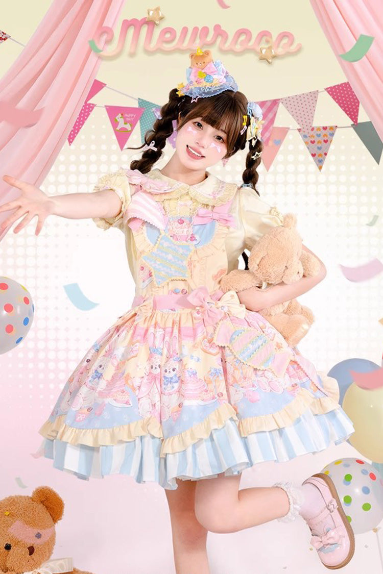 Multicolor Party Bunny Cat Printed Bow Sweet Lolita Jumper Dress