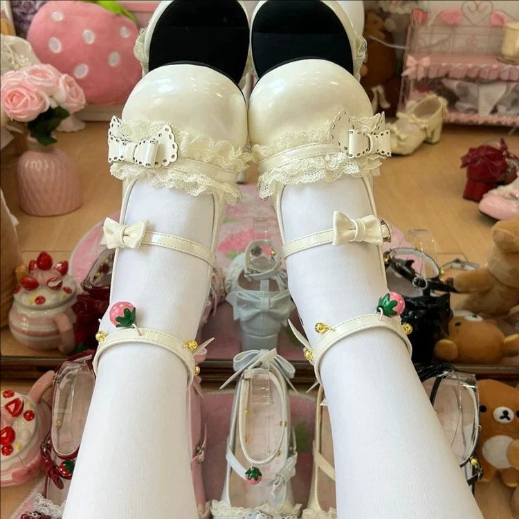 Lace Trim Bow Mary Janes with Ankle Bells - Mid Heel, 6 Tones
